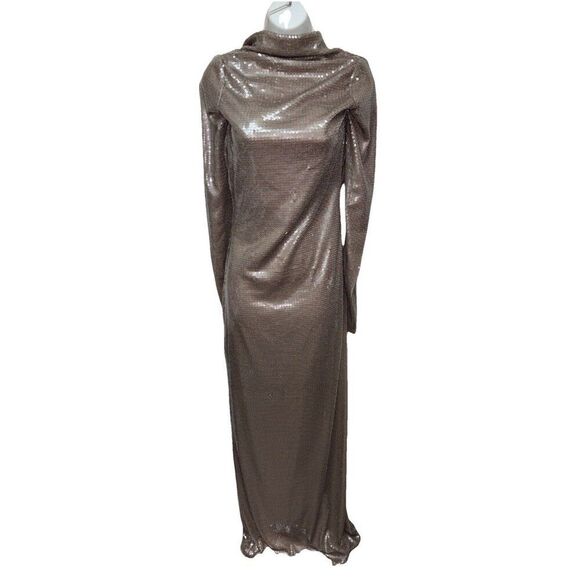 KHY Sequin Maxi Dress Champagne XS Kylie Jenner Long Sleeve Low Back Lined - Picture 14 of 16